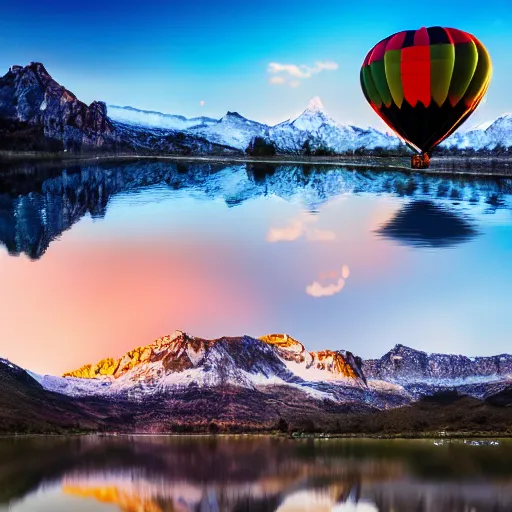 Image similar to photo of two black swans touching heads in a beautiful reflective mountain lake, a colorful hot air balloon is flying above the swans, hot air balloon, intricate, 8k highly professionally detailed, HDR, CGsociety