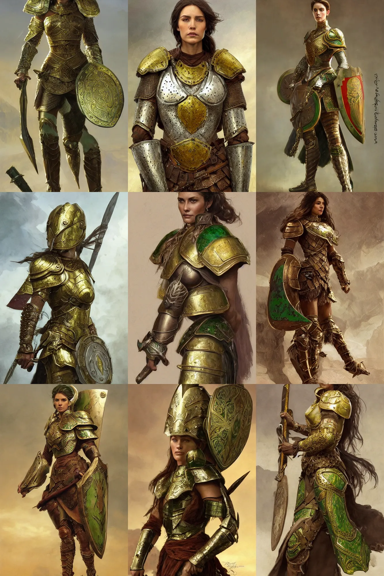 Prompt: full body portrait of a rugged female warrior clay - colored skin medium length brown hair and a very highly detailed face wearing elegant white, green and gold plate mail armor intricately painted, holding a huge shield, very highly detailed, artstation, cgsociety, realistic character concept art, sharp focus, by greg rutkowski, and alphonse mucha