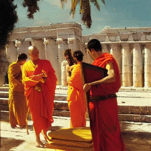 Image similar to 8 0 s buddhist priests on greek senete counsil in baroque painting, painting by gaston bussiere, craig mullins