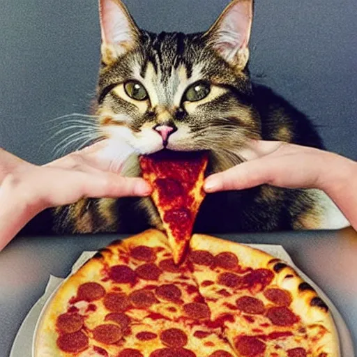 Prompt: cat eating a slice of cheesy pizza, cat eating, pizza in a cat's mouth, eating a pizza, paws holding pizza, cat eating a slice