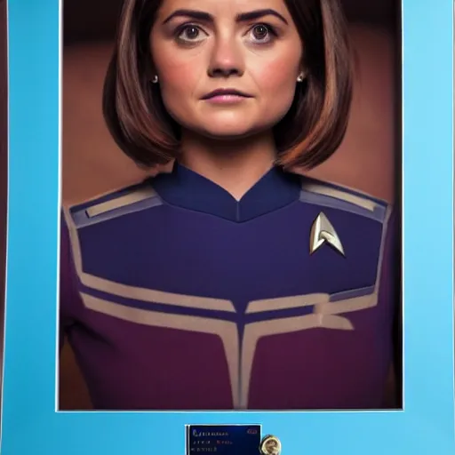 Image similar to a beautiful full body photograph of jenna coleman as a star fleet science officer from star trek next generation, full dress uniform, symmetrical face, extreme realism and detail, 8 k, completely framed, direct lighting, 3 5 mm photo, photorealistic, sharp focus