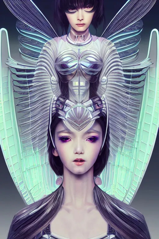 Prompt: portrait futuristic angel Girl with halo and wings and feathers and silver mirror armor, in future cyberpunk tokyo rooftop , ssci-fi, fantasy, intricate, very very beautiful, elegant, human anatomy, human structure, neon light, highly detailed, digital painting, artstation, concept art, smooth, sharp focus, illustration, art by tian zi and WLOP and alphonse mucha