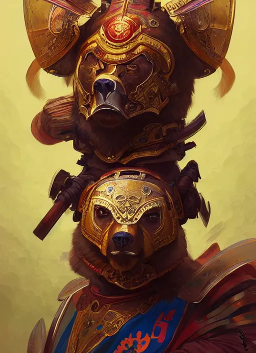 Image similar to portrait of anthropomorphic bear in samurai armor, colorful, highly detailed, digital painting, artstation, concept art, smooth, sharp focus, illustration, art by artgerm and greg rutkowski and alphonse mucha