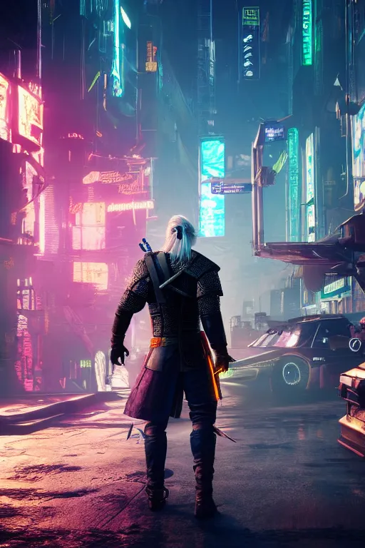 Image similar to geralt of rivia in cyberpunk 2 0 7 7, medium shot, background is filled with neon lights and futuristic vehicles, trending on artstation, ultra realistic, 4 k