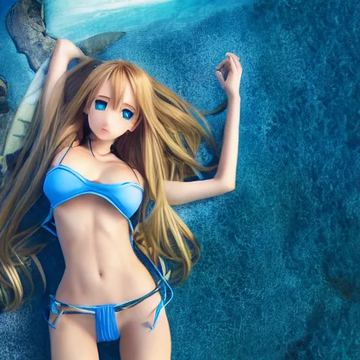Prompt: seen from above : a giant macro very beautiful young yuuki asuna, full body, long wavy blond hair, sky blue eyes, full round face, bikini, miniskirt, laying on a miniature city, cinematic wallpaper by stanley artgerm lau