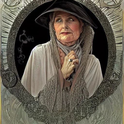 Prompt: granny weatherwax, an old lady, a witch, with a sharp face and a piercing expression. she is dressed in a black witch hat. beautiful painting with highly detailed face by alphonse mucha