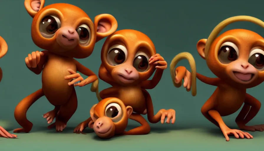 Prompt: very very very cute baby monkeys by Max Kostenko and Bobby Chiu, photoreal, wow, red nose studio, psychonauts, psychonauts 2, character design for animation, uplight, a lineup of characters, symmetrical eyes, cuteness, 3d render, octane rendered, rendered in maya and houdini, highly detailed, unreal engine, Trending on Artstation, octane render, 4k, 8k, HD