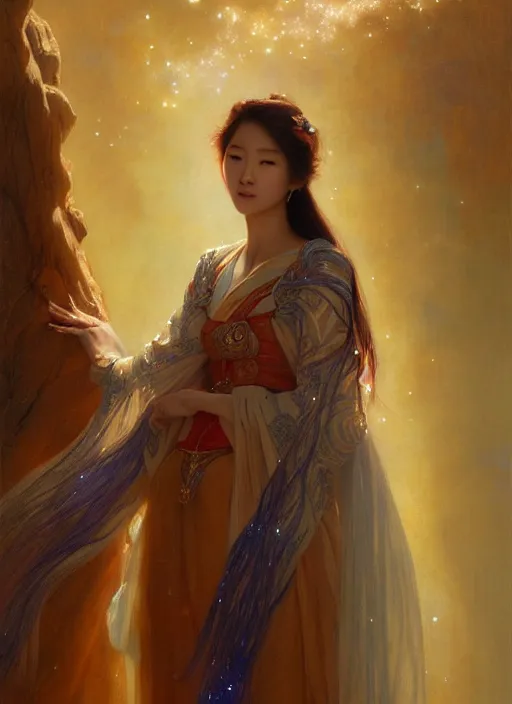 Image similar to young korean woman, goddess of starlight, long flowing hair, modest flowing gown, smug expression, highly detailed painting by gaston bussiere, craig mullins, j. c. leyendecker 8 k, sparkling nebula