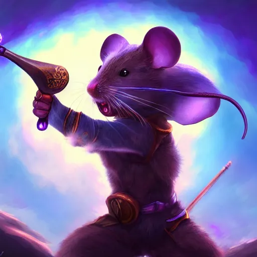 Image similar to mouse warrior reaching for a floating purple crystal with the other, Digital Oil Painting, trending on Artstation, highly detailed, 8k, UHD