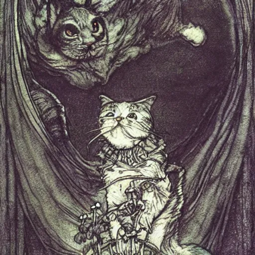 Prompt: cat from the void, illustrations by irish fairy tales james stephens arthur rackham, fairy tale illustrations, colour, top cinematic lighting , cinematic mood, very detailed, shot in canon,