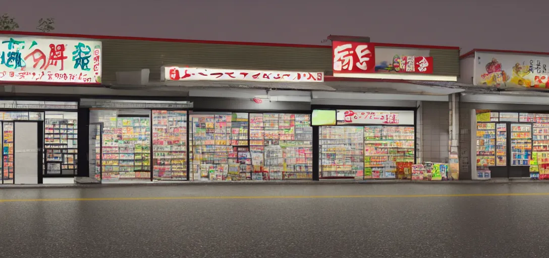 Prompt: photo of a japanese convenience store at night in the rain on side of highway, rendered in octane, highly detailed, award winning