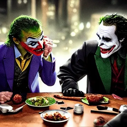 Prompt: A still of Batman and The Joker having dinner together, 4k, ultra realistic, detailed