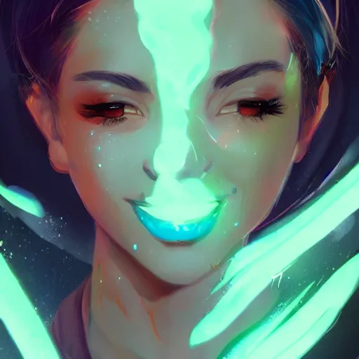 Image similar to portrait of valorant character called Tala Nicole Dimaapi Valdez, valorant character Neon, beautiful, smiling, by guweiz and loish