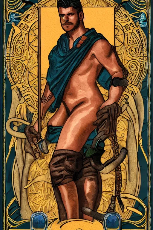 Prompt: tarot card of a shirtless cowboy, thicc build, dad bod, homoerotic, art deco, art nouveau, trending on artstation