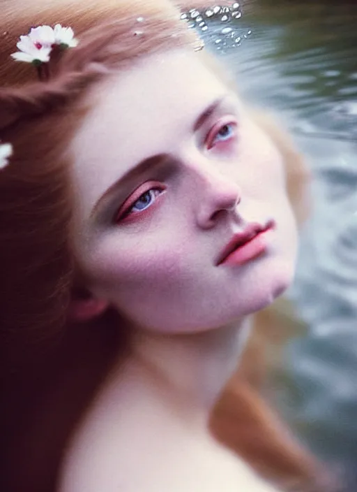 Image similar to Kodak Portra 400, 8K, soft light, volumetric lighting, highly detailed, britt marling style 3/4, extreme Close-up portrait photography of a beautiful woman how pre-Raphaelites with half face immersed in water, the hair floats on the water, a beautiful lace dress and hair are intricate with highly detailed realistic beautiful flowers , Realistic, Refined, Highly Detailed, natural outdoor soft pastel lighting colors scheme, outdoor fine art photography, Hyper realistic, photo realistic