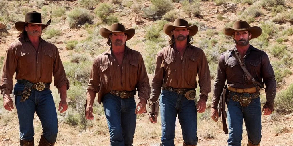Prompt: 2 cowboys, Kurt Russel and Dave Bautista, on the old west mountain trail