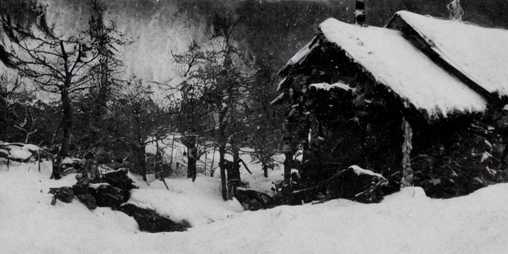 Prompt: 1 9 2 0 s photography of hut in the alps being submerged in snow, krampus hay monster crawling out of it