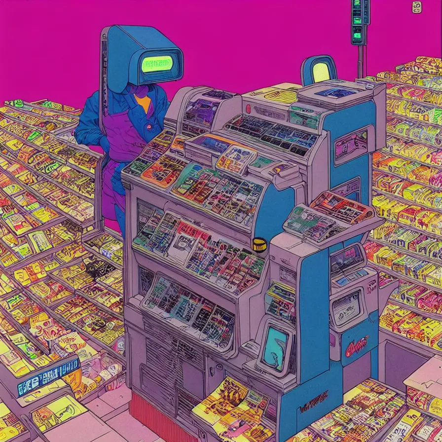 Prompt: ( ( ( ( cyberpunk convenience store cash register ) ) ) ) by mœbius!!!!!!!!!!!!!!!!!!!!!!!!!!!, overdetailed art, colorful, artistic record jacket design