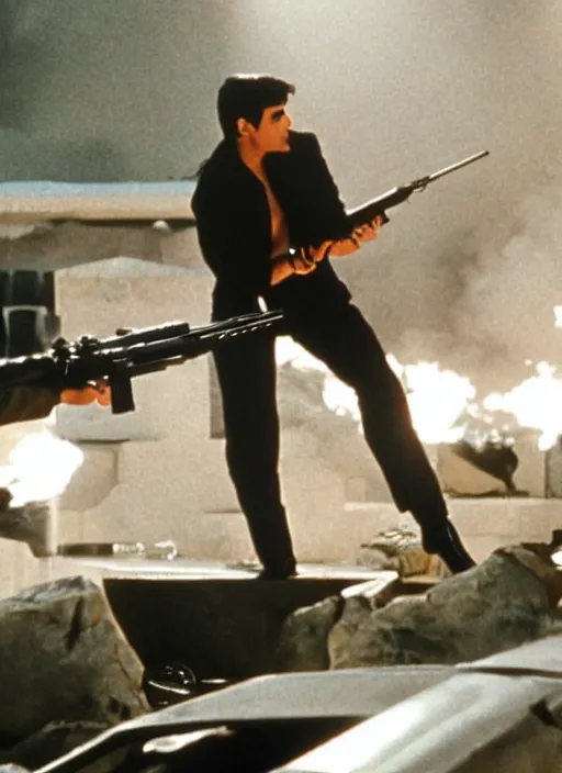 Prompt: film still of kim kardashian as Tony Montana firing a rifle in Scarface, cinematic lighting, finale scene