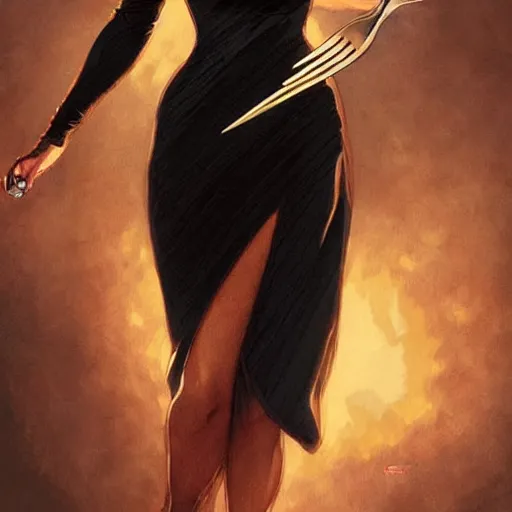 Image similar to very cute Margot Robbie eating fork covered in honey wearing black-crimson silk dress, D&D, fantasy, intricate, elegant, highly detailed, digital painting, artstation, concept art, matte, sharp focus, illustration, art by Artgerm and Greg Rutkowski and Alphonse Mucha