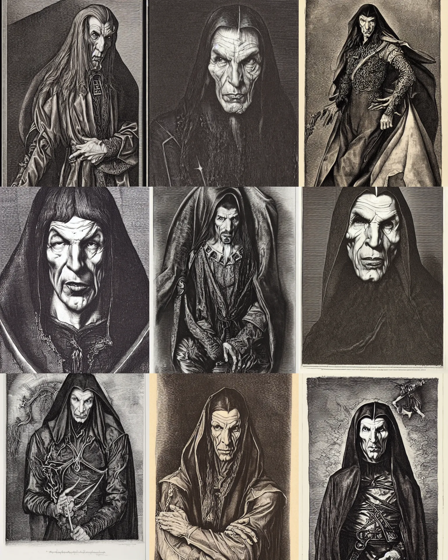 Prompt: an engraving of leonard nimoy as vlad dracul by albrecht durer, gustave dore, highly detailed, lithograph engraving