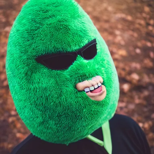 Image similar to a man in a furry avocado costume, portrait photography, close up, sigma 8 5 mm