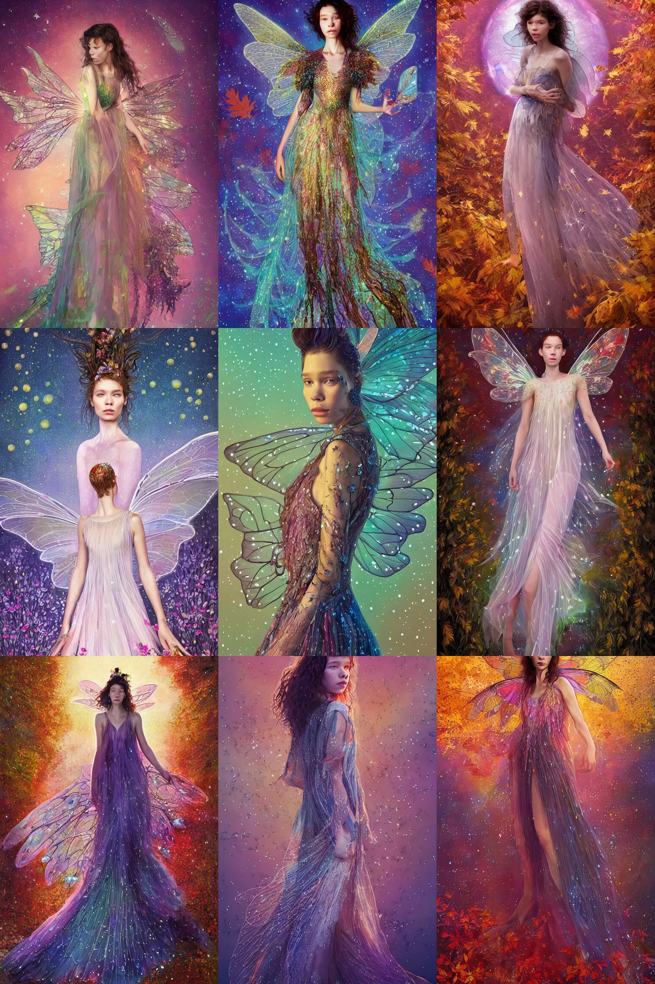 Prompt: masterwork full body portrait of astrid berges frisbey as a fairy. digital illustration. wearing a dress made out of stars. resting on a background of autumn leaves. by moebius. fluid, dreamy, ethereal, vivid colours. sharp focus. highly detailed face. wow! cinematic lighting. trending on artstation. cgsociety.