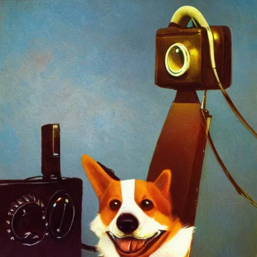 Prompt: corgi dog with a old telephone in his ear by paul lehr and bruce penningtonn