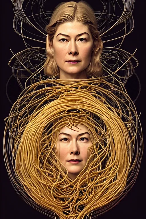 Prompt: young rosamund pike portrait as the flying spaghetti monster god, art deco, fantasy, intricate art deco designs, elegant, highly detailed fractals, sharp focus, art by artgerm and beeple and greg rutkowski and wlop