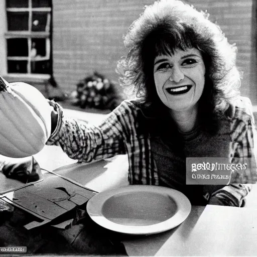 Image similar to 1 9 8 0 s woman smiling while she is painting a funny face on a pumpkin, newspaper photo