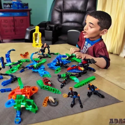 Image similar to uaddam hussein playing with bionicles, realistic, hyperdetailed