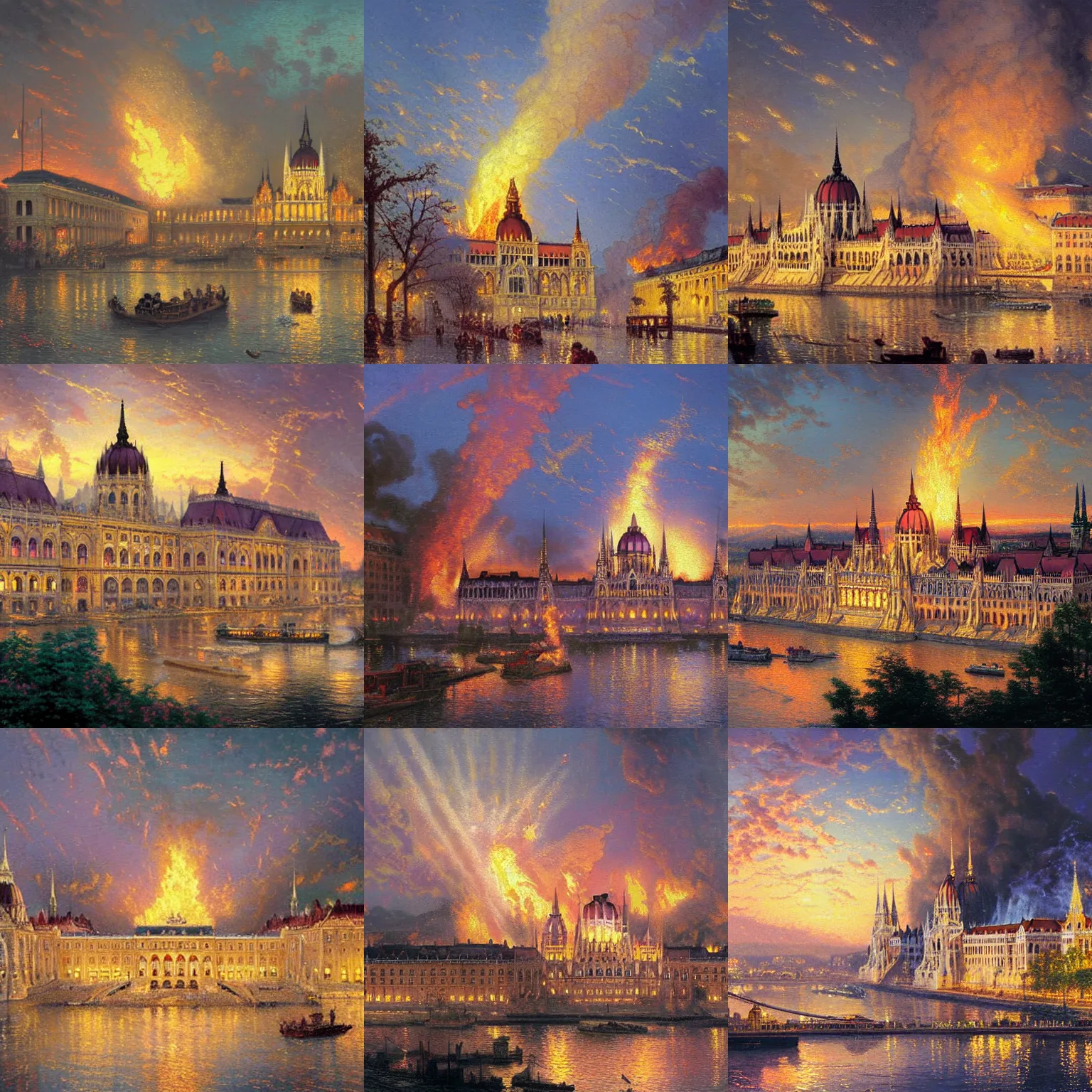 Prompt: Budapest National Museum on fire, 1800's illustration, thomas kinkade