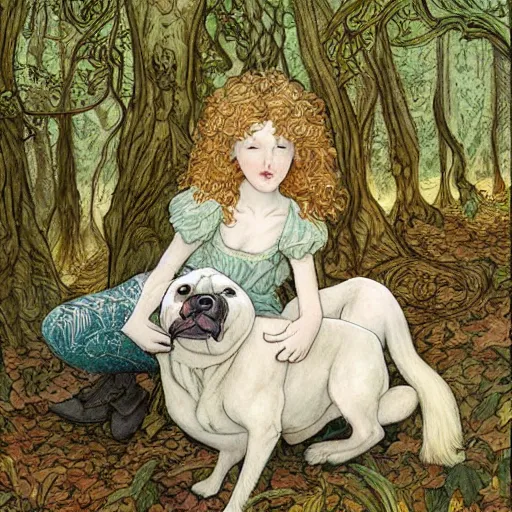 Prompt: girl with curly blonde hair sits in a forest with a white pitbull next to her, highly detailed, painting by rebecca guay