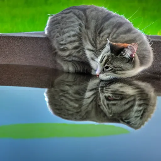 Image similar to Cat with angel wings drinking from a pond, digital artstyle drawn, trending on fiverr, 40nm lens, shallow depth of field,