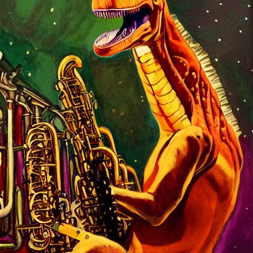 Image similar to tyrannosaurus rex dinosaur playing a saxophone on stage at a jazz club. gouache art painting by James Gurney.