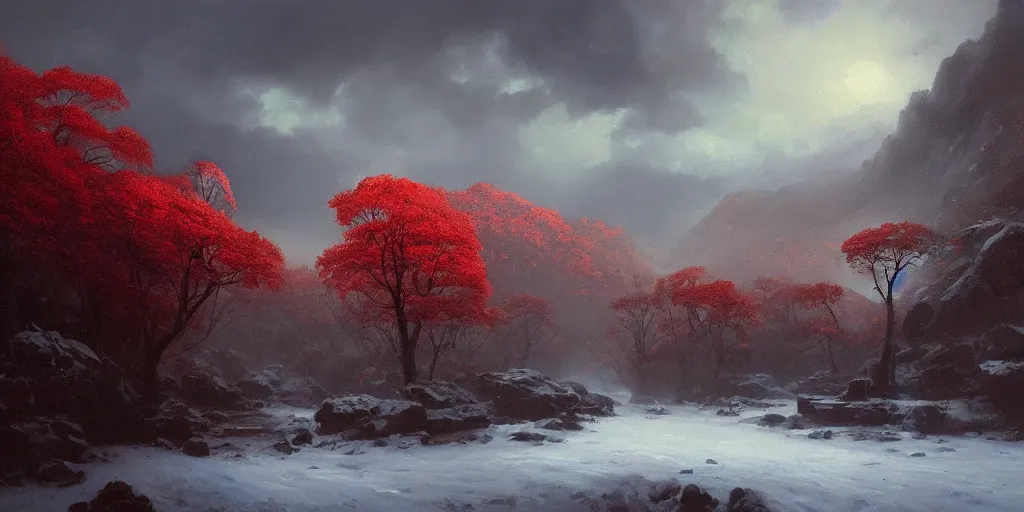 Prompt: A beautiful oil painting of a rocky valley covered in snow, trees with red leaves, thunderstorm in the sky, blue lighting, gloomy, atmospheric lighting, detailed, by greg rutkowski, trending on artstation