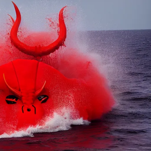 Image similar to a devilish red monster with horns emerging from boiling rough seas, photo by david lachapelle, s - 5 0