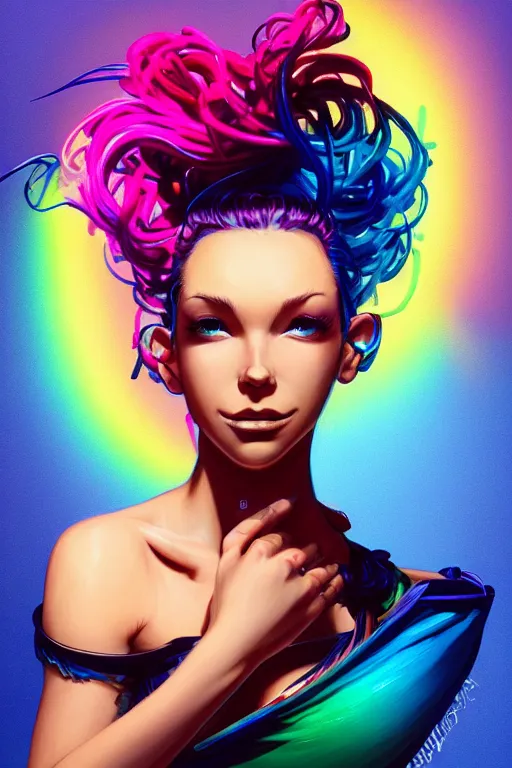 Image similar to a award winning portrait of a beautiful woman with stunning eyes in a one off shoulder croptop and cargo pants with rainbow colored hair, outlined by whirling illuminated neon lines and fine lines swirling in circles by jesper ejsing and rhads and makoto and shinkai and lois van baarle, digital art, trending on artstation