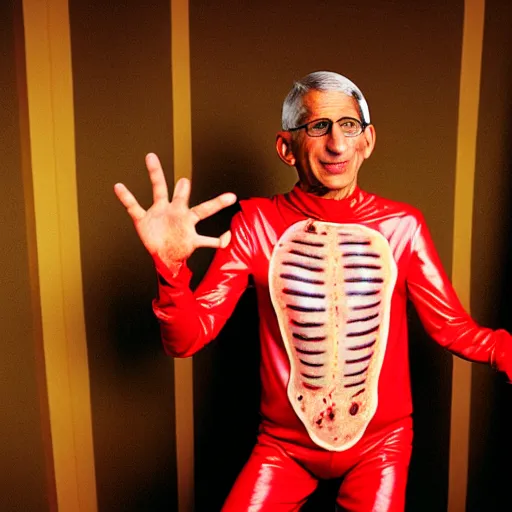 Prompt: uhd photorealisitc candid photo of anthony fauci wearing a bloody slim goodbody costume. correct coostume. correct face, accurate face. photo by annie leibowitz and steve mccurry