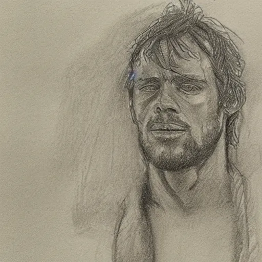 Prompt: a drawn man in the jacked stand in rain. pencil sketch.
