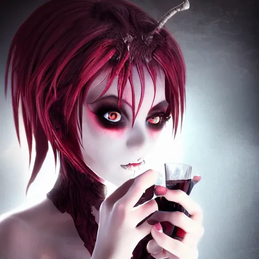 Prompt: full shot portrait of angry darkness vampire anime girl drink wine, gothic clothing, worrying eyes, inspired by Tim Burton, detailed, unreal engine 4k volumetric light, fog,
