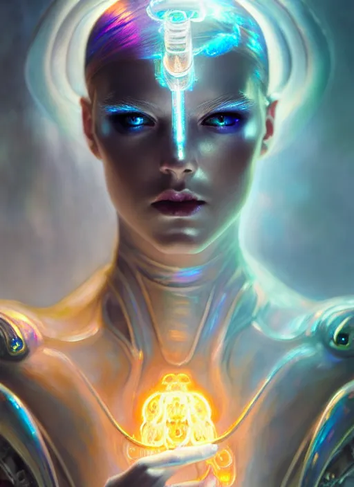 Prompt: translucent iridescent cyborg with flaming eyes, veiled in mist, heroic lighting, dark fantasy, intricate, elegant, highly detailed, lifelike, photorealistic, digital painting, artstation, illustration, concept art, smooth, sharp focus, art by John Collier and Albert Aublet and Krenz Cushart and Artem Demura and Alphonse Mucha