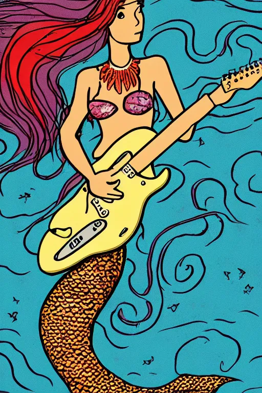 Image similar to illustration of a mermaid playing an stratocaster electric guitar, surf art