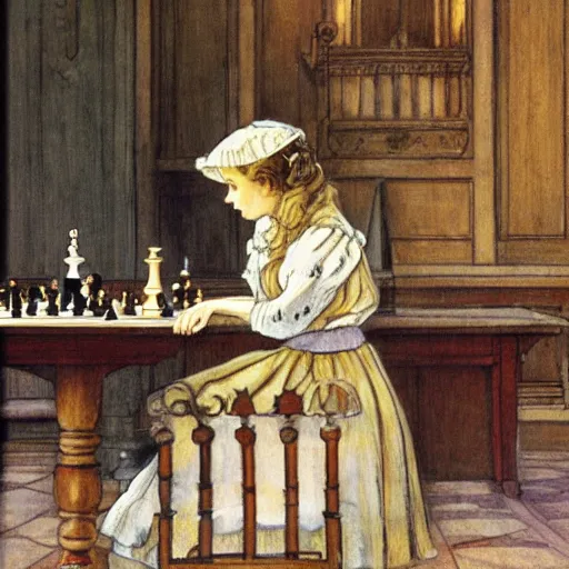 Image similar to a young edwardian woman playing chess against a rabbit inside a church in the style of Carl Larsson