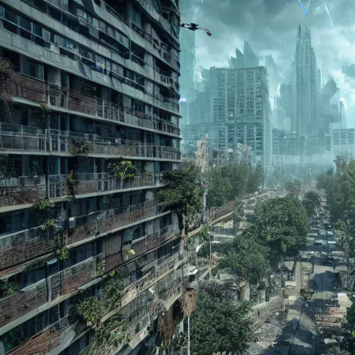 Prompt: a world fallen by disease, cities completely wasted away, nature taken over and grow over buildings, high quality photorealism, cinematic, epic, Deviantart, Octane render