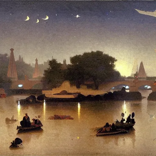 Prompt: The print shows a group of flying islands, each with its own unique landscape, floating in the night sky. The islands are connected by a network of bridges, and a small group of people can be seen walking along one of the bridges. by William-Adolphe Bouguereau subtle, brightvibrant