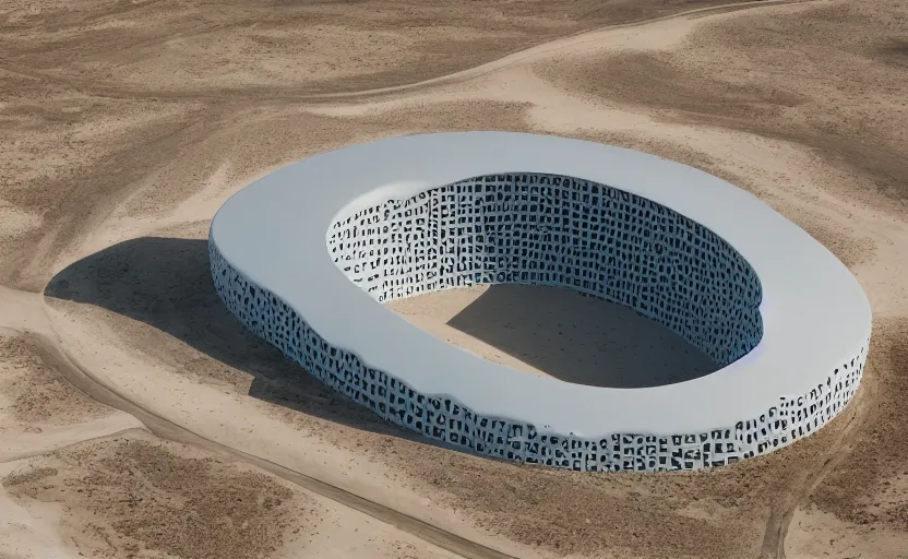 Prompt: parametric structure, medical complex, in the desert beside the gulf, view from above, design by anish kapoor, dezeen, architectural photography