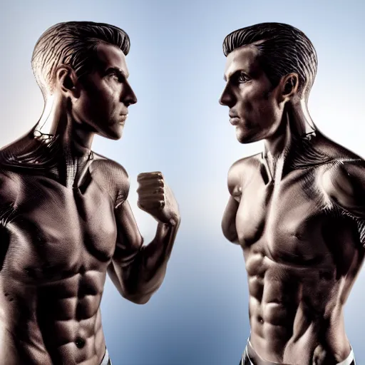 Prompt: a realistic detailed photo of a guy who is an attractive humanoid who is half robot and half humanoid, who is a male android, attractive and handsome latin jogger, shiny skin, posing like a statue, blank stare, in a gym, on display, showing off his muscles, wearing gym shorts, side view, looking at each other mindlessly