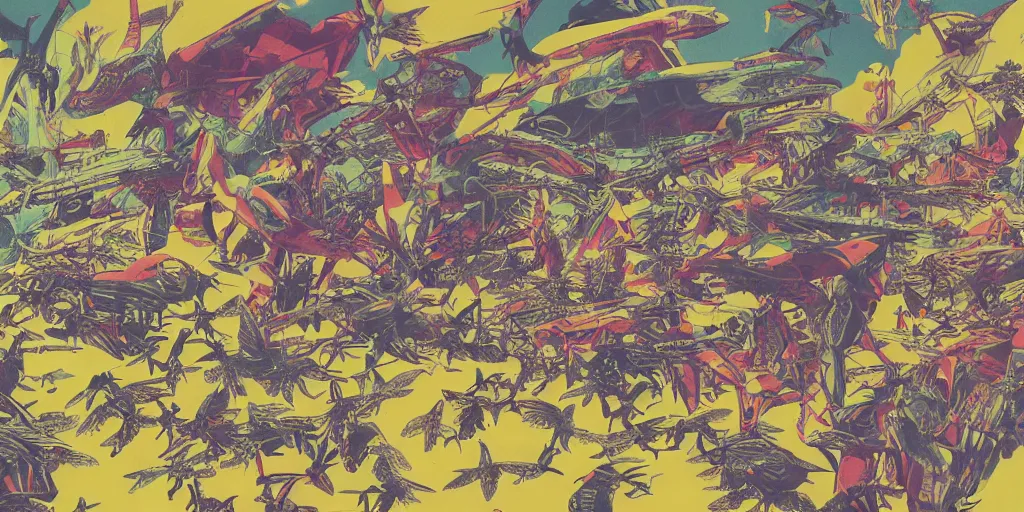 Image similar to risograph rendition, gigantic mecha arzach birds with dragonflies, tiny rats, yellow colors, a lot of exotic animals around, big human faces everywhere, helicopters and tremendous birds, by satoshi kon and moebius, matte bright colors, surreal design, crispy, super - detailed, a lot of tiny details, fullshot