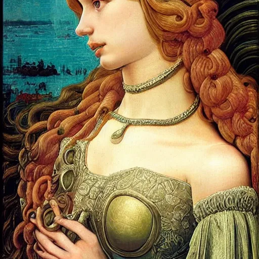 Image similar to intricate detail, hyper detail, drunk woman, very tired, wearing full body mans suite, hazel green eyes, teal eyebrows, with aqua neon rapunzel dreadlocks, detailed, by sandro botticelli, gaston bussiere, h. r. giger, masterpiece, sharp focus,